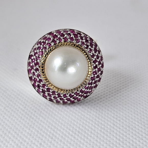 Chapal Zenray Jewelry - Genuine Cultured Pearl & Rubies in Sterling Silver Ring. Size 7